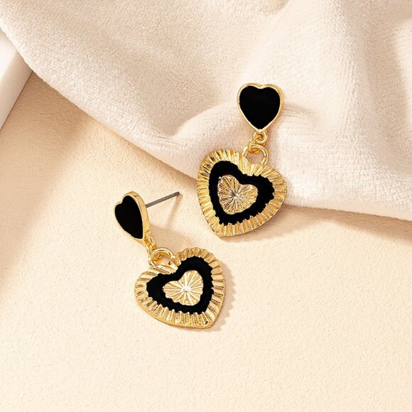 3/$35 Heart Shape Ear Studs Drop Dangle Earrings Black Gold Jewelry - Picture 1 of 6